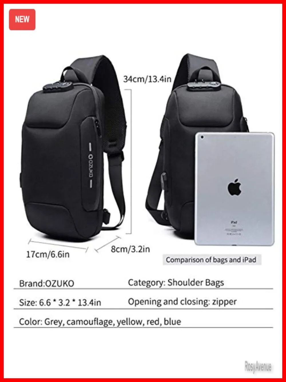 Men's Anti-Theft Sling Backpack Crossbody Bag with USB Charging Port Waterproof